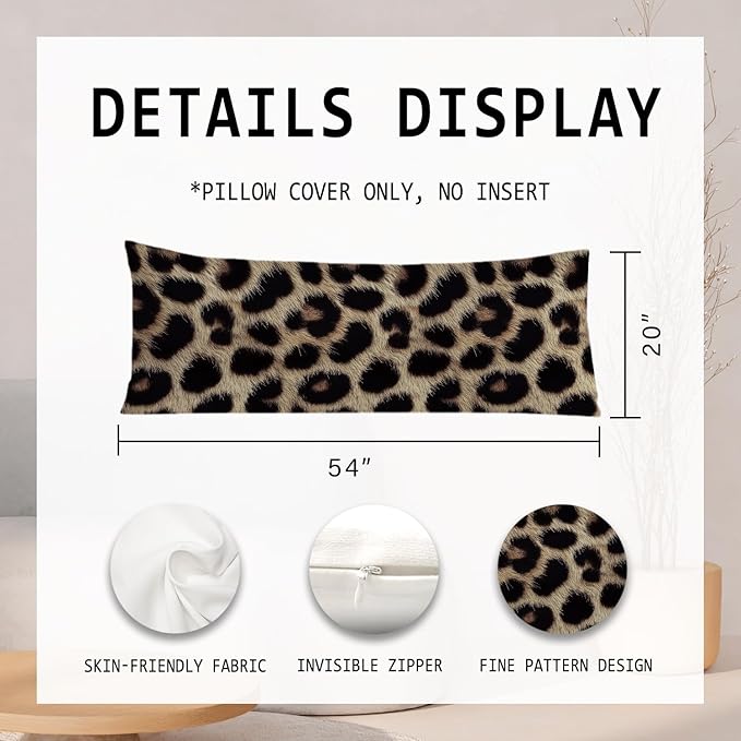 Brown and Black Leopard Print 20x54 Body Pillow Cover, Cheetah Print Room Decor, Trendy Wild Animal Print Decorative Long Body Pillow Cases for Girls Bedroom Dorm Apartment Bed Couch