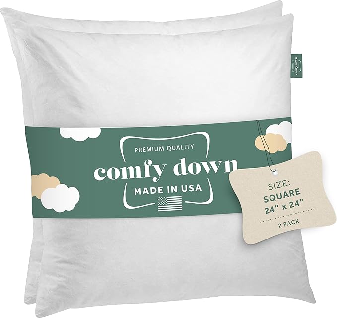 ComfyDown 24x24 Throw Pillow Inserts (Set of 2), Down & Feather Fill, 100% Cotton Cover, Made in USA – Premium Soft Decorative Pillow Forms Sham Stuffers for Bed, Sofa & Couch