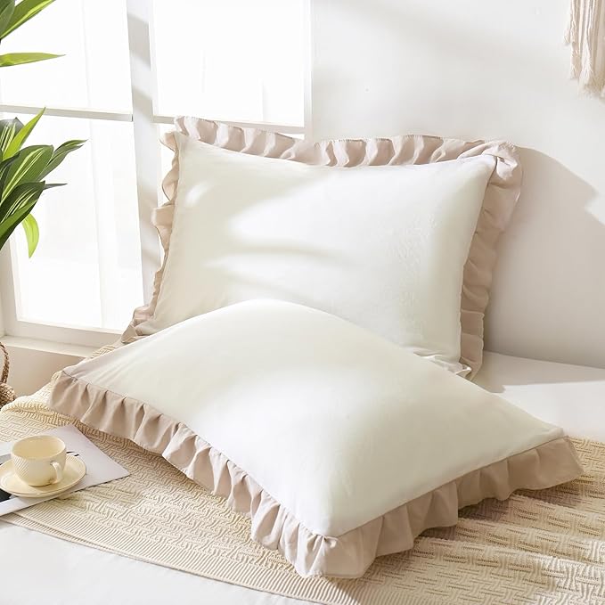 Merryword Beige Pillow Ruffled Shams White and Beige Reversible Standard Pillowcases Cute Pillow Cover Set of 2 Soft Shabby Chic Pillowcases 2 Pack (Queen (20''x30''), White Beige)