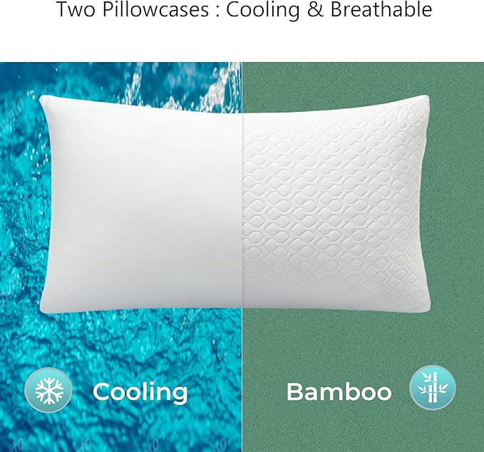 Rainmr Queen Size Bed Pillow for Sleeping Shredded Memory Foam Adjustable Loft Pillows with Cooling Washable Pillow Case, 20x30 inches (White, Queen 1-Pack)