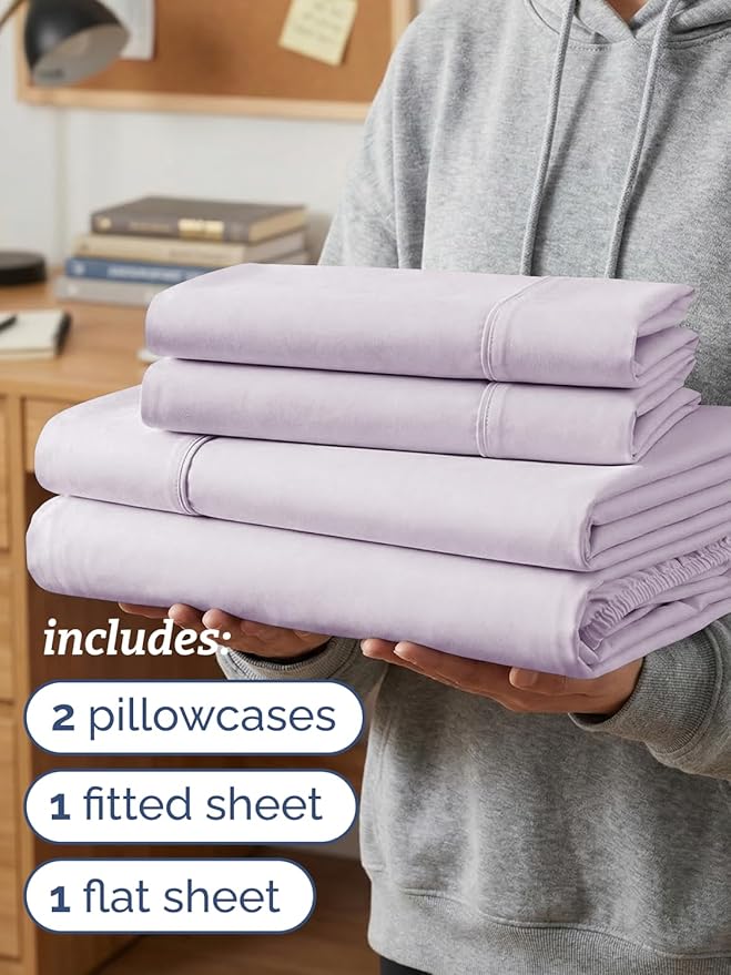 Twin XL 4 Piece Sheet Set - Comfy, Breathable & Cooling - Soft Hotel Luxury Bedding for Women, Men, Kids, Teens & Children - 1 Flat & 1 Fitted Sheet & 2 Pillowcases w/ Deep Pockets - Light Lavender