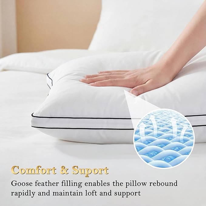 Feather Pillows Queen Size Set of 2 Goose Down Pillows with 100% Breathable Cotton Cover, Hotel Collection Bed Pillows for Sleeping, Soft Support for Back, Stomach and Side Sleepers