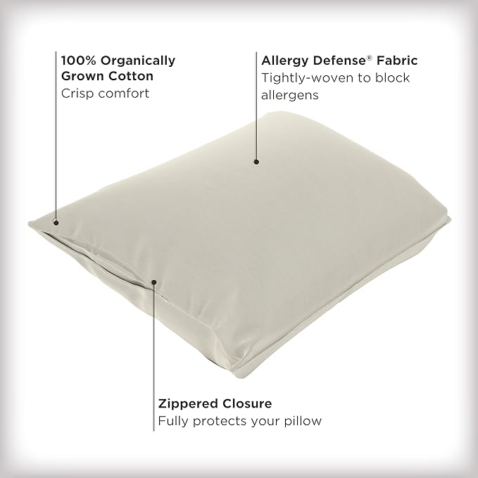 AllerEase Organically Grown Soft Cotton Allergy Defense Zippered Pillow Protector- King - 2 Pack