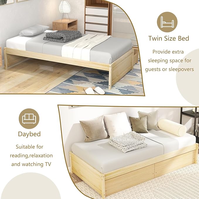 Giantex Twin Size Platform Bed Frame with 2 Storage Drawers, Solid Wood Bedframe Daybed, Wooden Slats Support Mattress Foundation, No Box Spring Needed, Twin Bed Frames for Kids Teens Adults