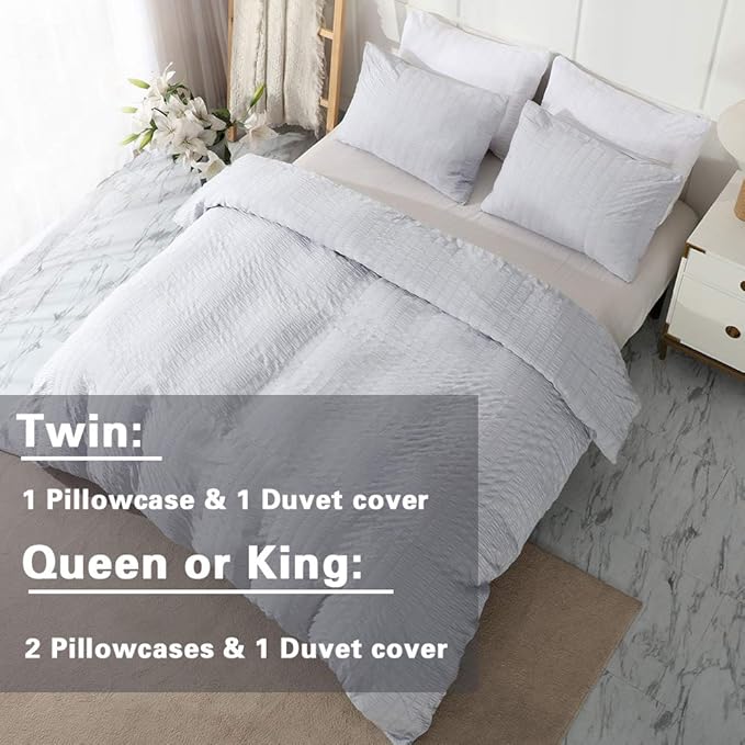 AveLom Light Gray Duvet Cover Full(80 x 90 inches), 3 Pieces (1 Duvet Cover, 2 Pillow Cases),Seersucker Tripe Soft Washed Microfiber Textured Duvet Cover Set with Zipper Closure, Corner Ties