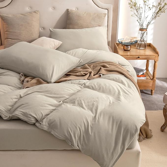 PURE ERA Jersey Knit Duvet Cover Set 100% T-Shirt Cotton Super Soft Comfy 3pc Bedding Set with Zipper Closure (Solid Dark Beige, Queen)