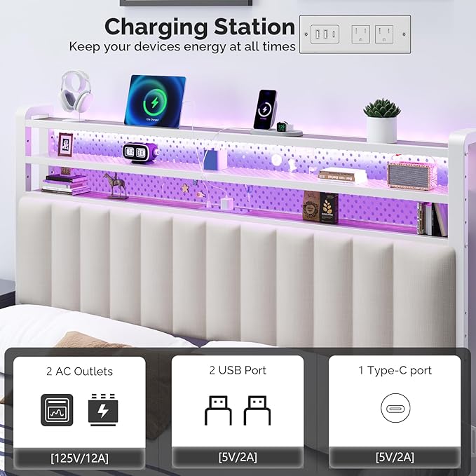VINGLI King Size Headboard with Shelf, Adjustable Upholstered Headboards with Storage, 3 Tier Shelves and LED Lights, Charging Stations and Pegboard, Modern Bed Head Board, White