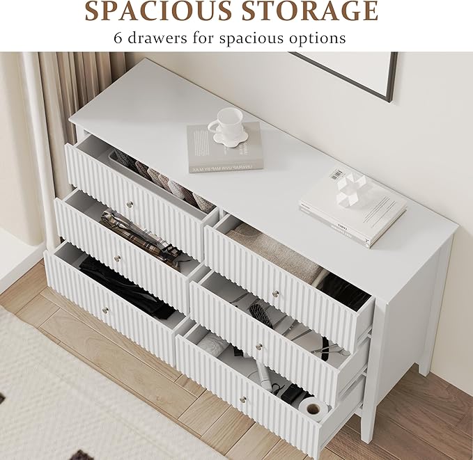 FansaFurn White Dresser Fluted 6 Drawer Dresser Wide Modern Chest of Drawers Large Closet Dressers Wood Storage Dressers Organizer Storage Cabinet for Bedroom Living Room Hallway Entryway