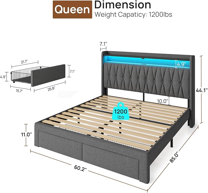 Rolanstar Queen Bed Frame with Drawers, Storage Headboard with Charging Station and LED Lights, Upholstered Bed with Heavy Duty Wood Slats, No Box Spring Needed, Noise Free, Easy Assembly, Dark Grey