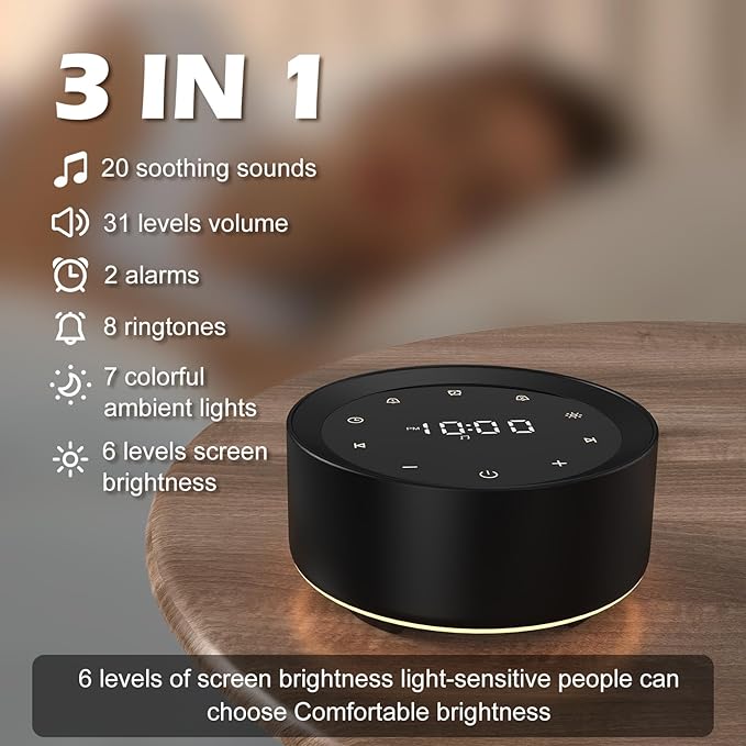 White Noise Machine with Alarm Clock & Night Light for Babies and Adults, 20 Soothing Sounds, Glare-Free Upward Display, Touch Control, Memory Function, 5 Sleep Timers, Black