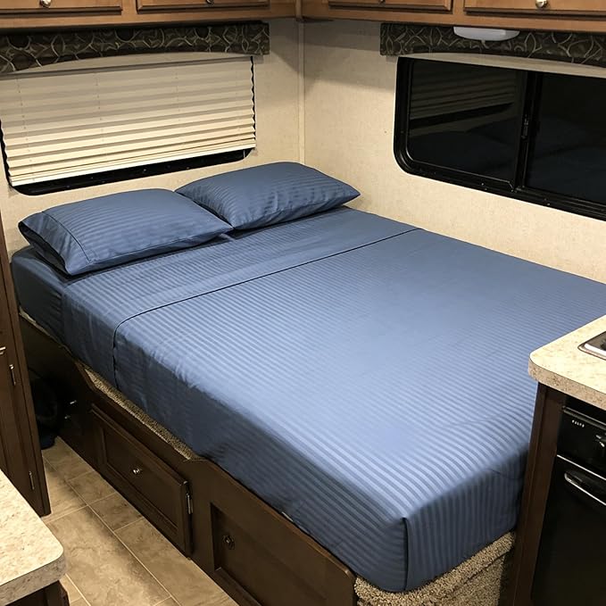 Kingnex Striped RV Short Queen Sheets Set for 60 x 75 Camper Bed with up to 15 Deep Soft Brushed 1800 Microfiber 4 Piece Bedding Set 60x75 Navy
