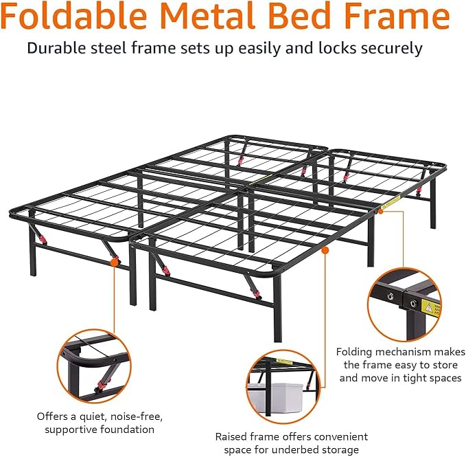 Amazon Basics Bed Frame with Storage, Foldable Metal Platform, Sturdy Steel, No Box Spring Needed, 14 inches High, Tool-Free Easy Assembly, Noise-Free, King Size, Black