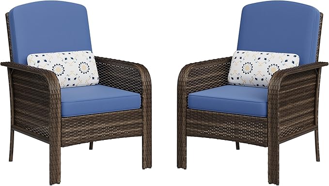 GarveeHome Outdoor Wicker Chairs Set of 2, All-Weather High Back Rattan Patio Furniture, 2-Piece Conversation Set with Comfy Cushions for Porch, Deck, Brown, Blue Cushion