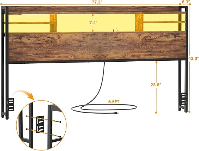 Aheaplus Headboard for King Size Bed with Storage, Headboards with LED Light, Power Outlets, USB Ports King Size Head Board, Wood headboard Only Sturdy and Stable Headboards, Modern, Rustic Brown