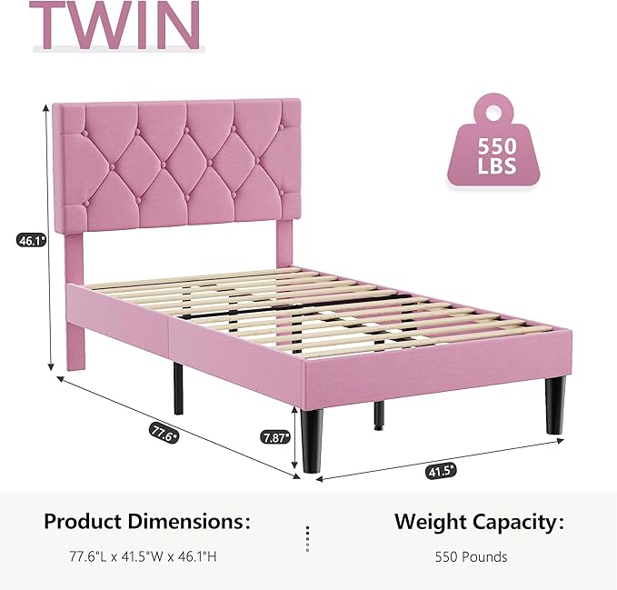 VECELO Twin Size Bed Frame with Button Tufted Headboard, Upholstered Platform Bedframe with Wood Slat Support, No Box Spring Needed, Linen Pink