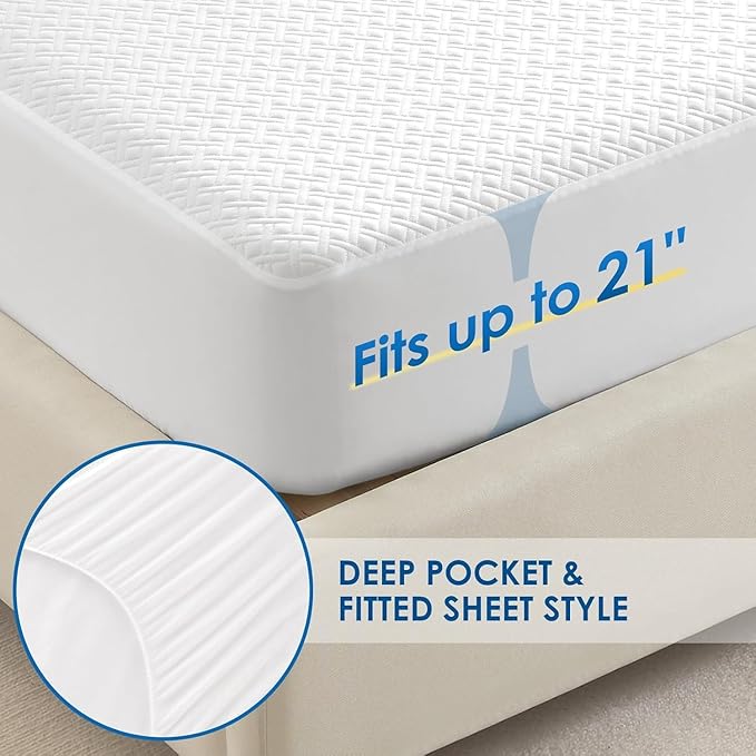 Cozymaker King Size 100% Waterproof Mattress Protector, Cooling Mattress Cover Fitted 8-21" Deep Pocket, 3D Air Fabric Soft Breathable Bed Mattress Pad Cover Noiseless Washable