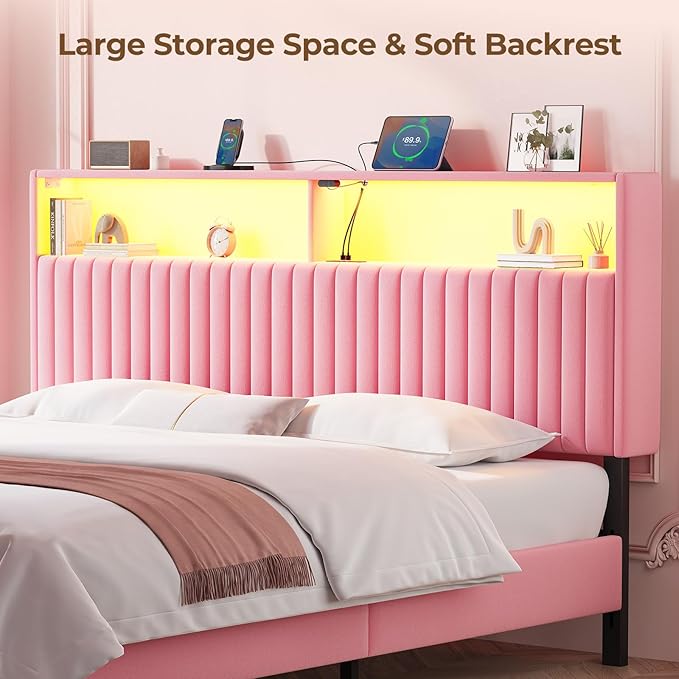 Rolanstar Headboard for King Size Bed with Storage, Head Board with USB & Type C Port, 60,000 DIY Color of LED Light, Velvet Upholstered, Height Adjustable, Sturdy, Easy Assembly, Pink
