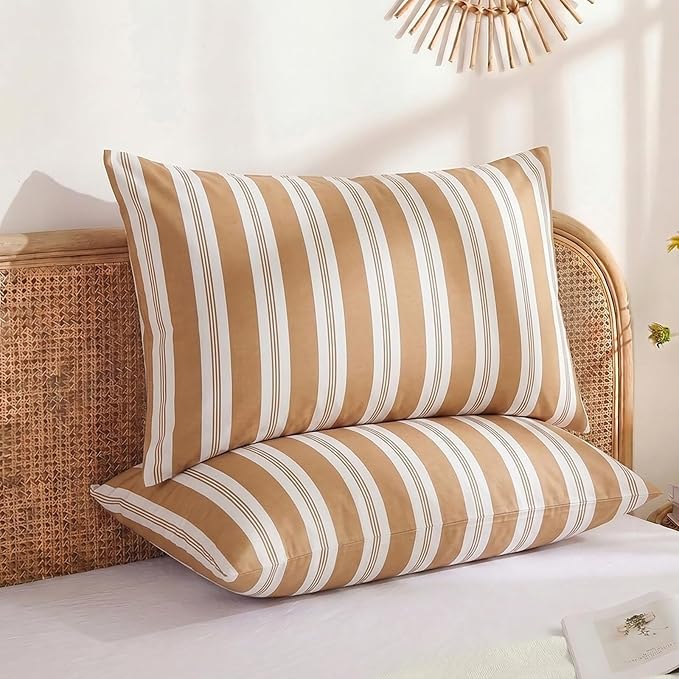 Merryword Khaki Striped Pillowcases, 100% Cotton Pillow Cases, King Size Pillowcases, Luxury Linen Like Pillowcase, Soft Breathable Stripe Pillow Covers, Set of 2