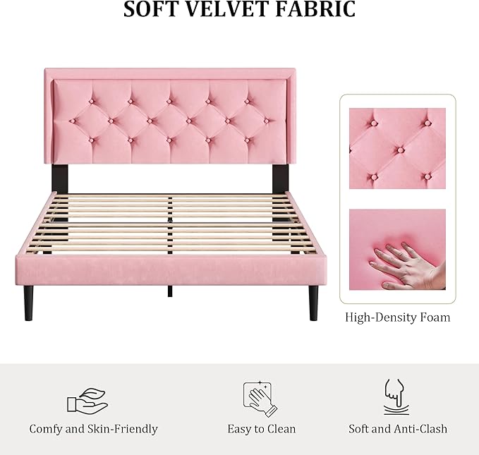 CXVX Queen Size Platform Bed Frame with Upholstered Velvet Button Tufted Headboard, Mattress Foundation with Wooden Slat Support, No Box Spring Needed, Easy Assembly, Noise Free, Pink