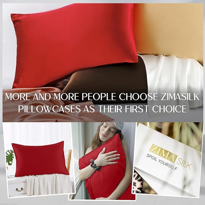 ZIMASILK 100% Pure Mulberry Silk Pillowcase for Hair and Skin Health,Soft and Smooth,Both Sides Premium Grade 6A Silk,600 Thread Count,with Hidden Zipper,1pc (King 20''x36'',Red)