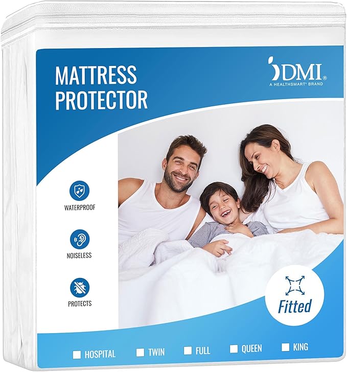 DMI Queen Size Waterproof Mattress Protector - Fitted, Noiseless Mattress Cover, Soft and Breathable, 60" x 80"x 15", White
