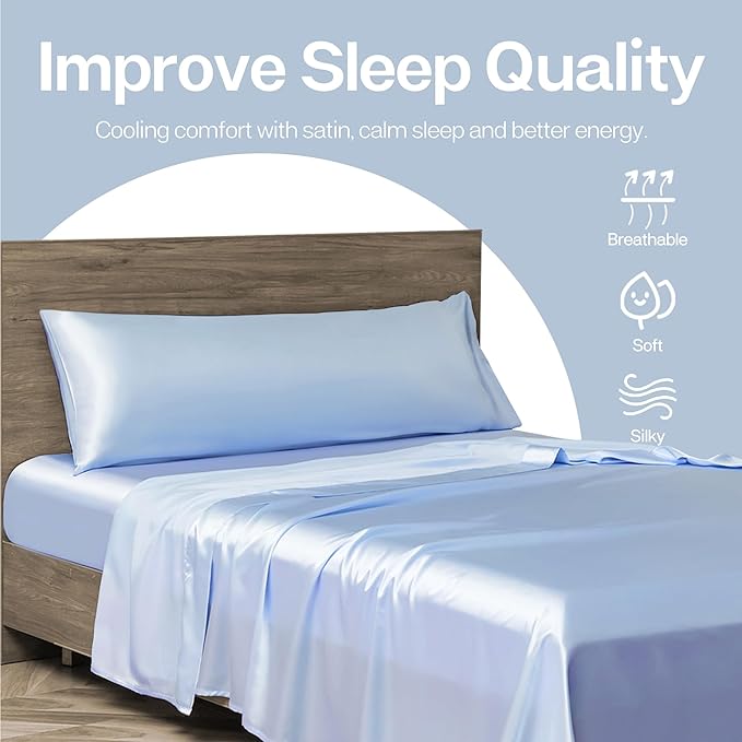 MR&HM Satin Body Pillow Cover, Soft and Breathable Body Pillow Case with Envelope Closure, Cooling and Silky Long Pillowcase for Hair and Skin,Grey (20x54, Light Blue)