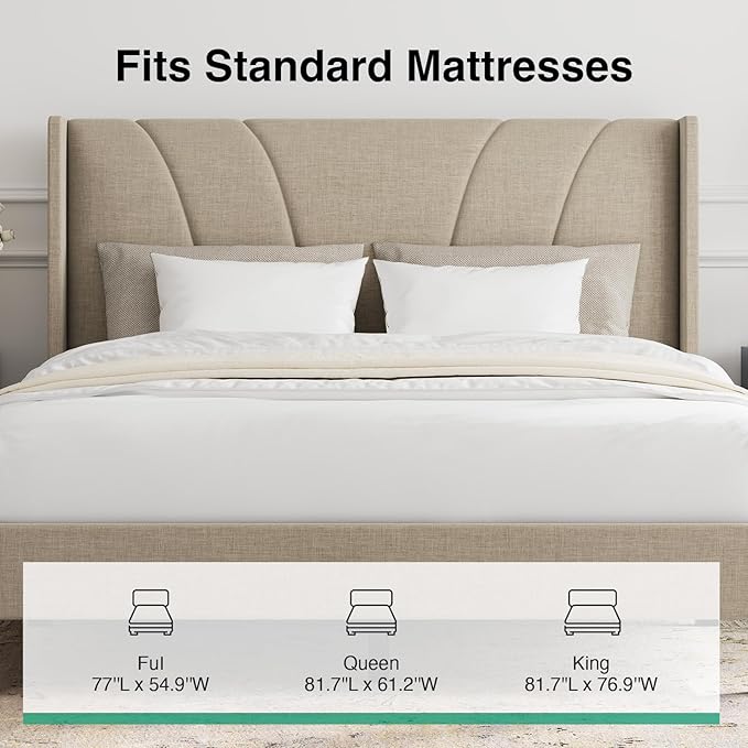 Novilla Queen Size Bed Frame, Queen Bed Frame with Headboard, Linen Upholstered Wing Side Headboard, No Box Spring Needed, Heavy Duty Feet, Easy Assembly, Beige