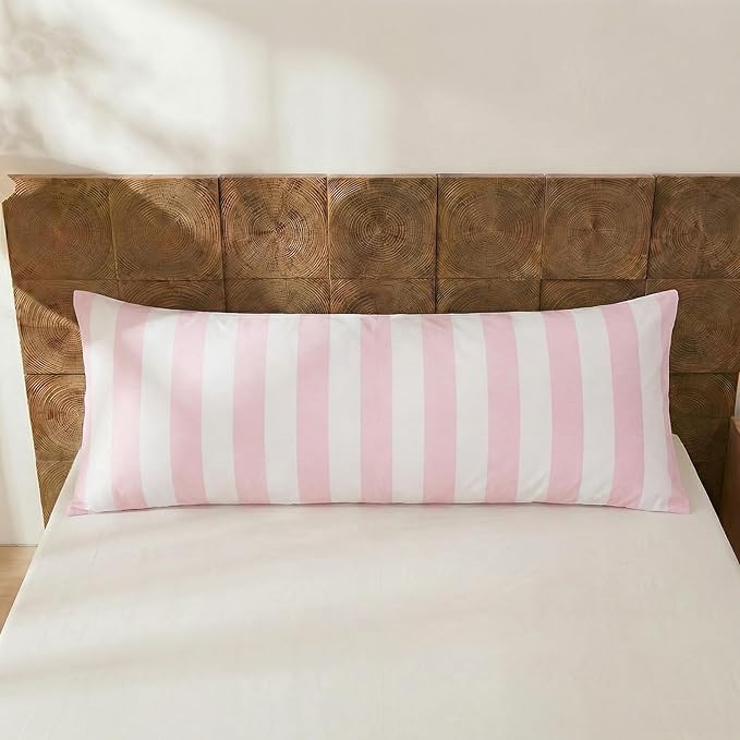 Merryword Body Pillow Cover 20x54inches, 100% Cotton Pillow Case, Pink and White Striped Pillowcase, Luxury Linen Like Pillowcase, Soft Breathable Wide Stripes Long Pillowcase, 1-Piece