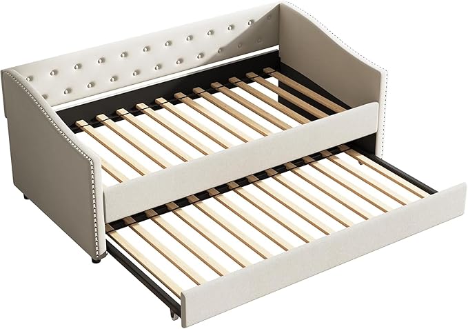Upholstered Daybed with Trundle, Twin Size Day Bed w/Button-Tufted Back and Piping on Waved-Shape Arms for Bedroom or Guest Room, No Box Spring Required,Beige