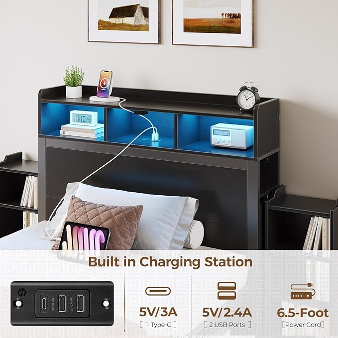 Rolanstar Twin Bed Frame with Bookcase Storage Headboard, Slide Out Bedside Storage, Bed with Charging Station & LED Lights, Heavy Duty Metal Slats, No Box Spring Needed, Noise Free, Black