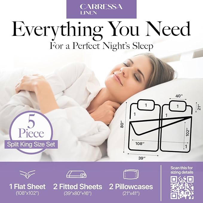 Carressa Linen 100% Egyptian Cotton Split King Sheets Sets for Adjustable Bed - 600 Series Hydrangeas Collection 5 PC Silver Top Split King Sheets, 16" Deep Pocket Sheet for Adjustable Bed