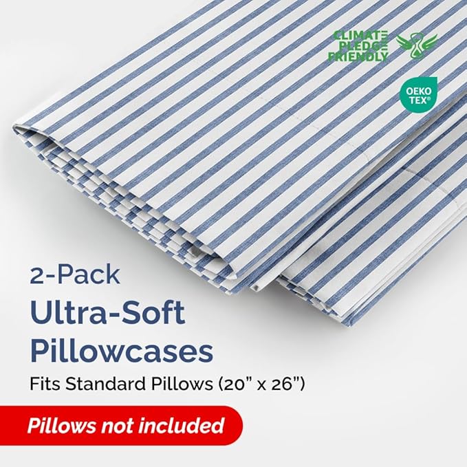 Standard Pillow Cases Set of 2 - Ultra-Soft Hotel Quality Pillowcase Covers - Comfy & Wrinkle Free - Stain and Fade Resistant - Machine Washable Pillow Protectors - 2 Piece Set - Blue Stripes 2