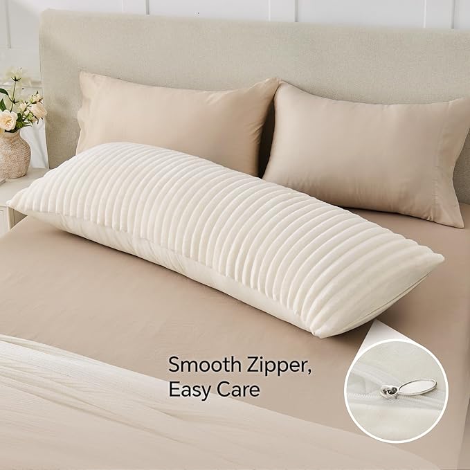 BEDELITE Fluffy Faux Fur Body Pillow Cover with Zipper, Luxury Plush 3D Striped Pillow Cover 20x54 Inches, Super Soft and Cozy Long Body Pillow Pillowcase for Bed Sofa Couch Room Decor(Cream White)