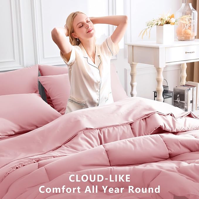 CozyLux Full Size Comforter Set Pink, 7 Pieces Bed in a Bag, Pink Comforter Full Size, All Season Bedding Sets with Stitch Quilted Comforter, Flat Sheet, Fitted Sheet, Pillowcases