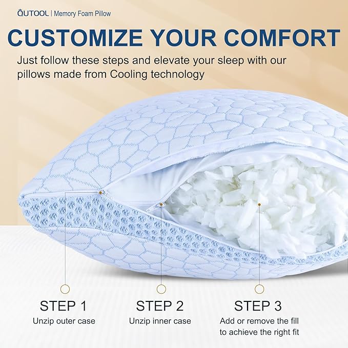 QUTOOL Enhanced Cooling Pillows for Sleeping, CertiPUR-US Shredded Memory Foam Pillows King Size Set of 2 for Hot Sleeper, Adjustable Bed Pillow for Side, Back, Stomach Sleepers Support Yet Soft, Blue