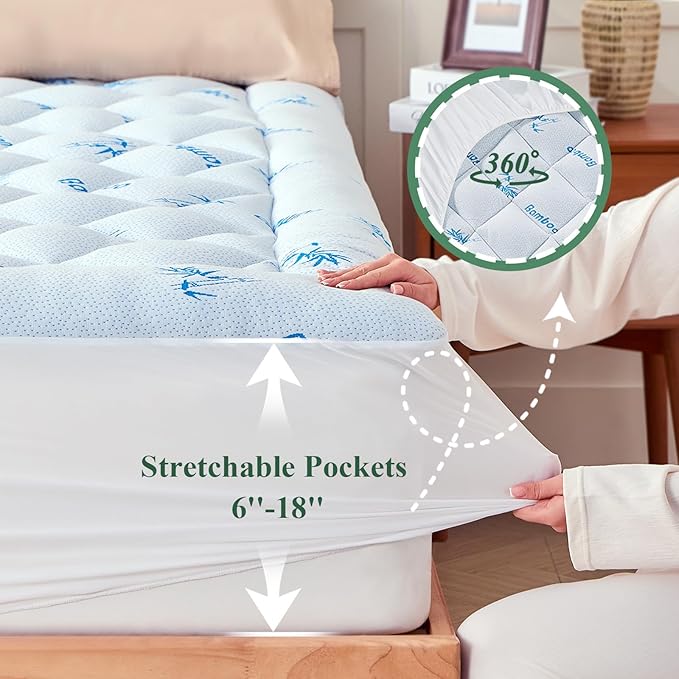 King Mattress Topper, Viscose Derived from Bamboo Thick Pillow Top Mattress Pad with Deep Pocket, Naturally Cooling for Hot Sleepers, Soft for Back Pain Relief, Blue