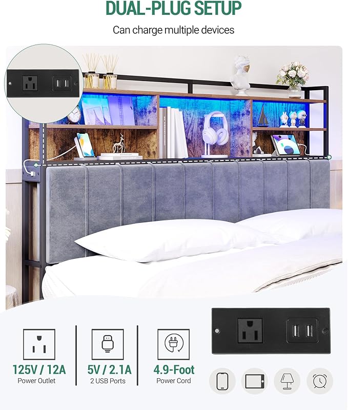 Hzuaneri Headboard with 3-Tier Storage Shelves, Velvet Upholstered Head Board with 2 Outlets, USB Ports & LED Light, Soft Backrest for King Size Bed Rustic Brown and Black BH19401B