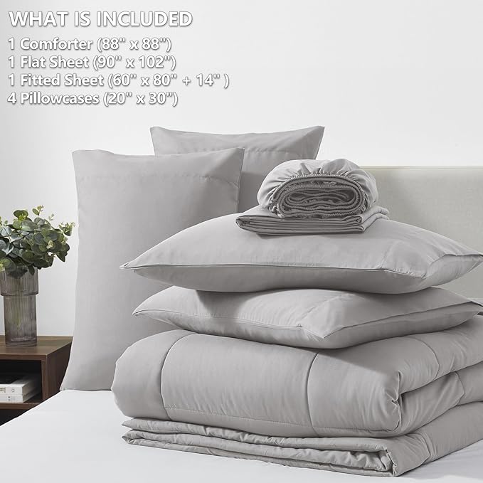 CozyLux Queen Comforter Set French Grey, 7 Pieces Bed in a Bag, Gray Comforters Queen Size, All Season Bedding Sets with Stitch Quilted Comforter, Flat Sheet, Fitted Sheet, Pillowcases