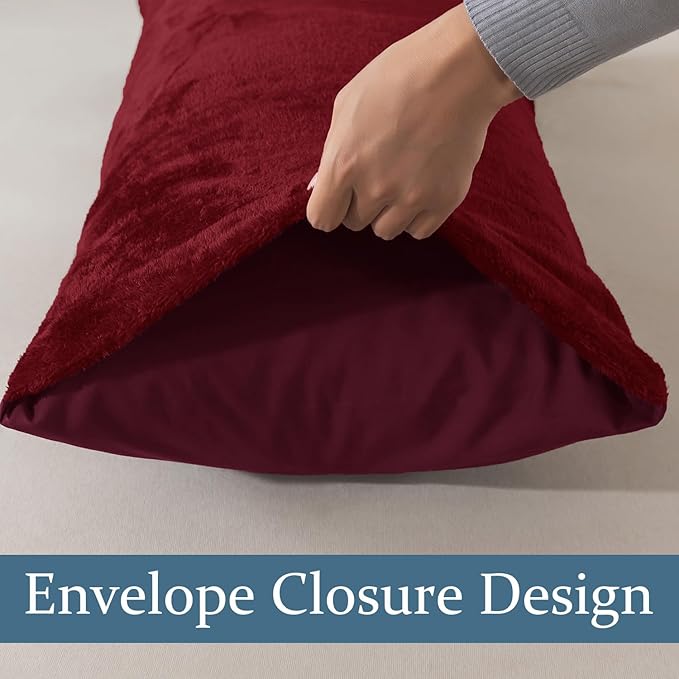 Whatsbedding Sherpa Body Pillow Cover, Ultra Soft Faux Fur Body Pillowcase, Luxury Shaggy Plush Long Pillowcase, Envelope Closure - Burgundy Red (20x54 inch)