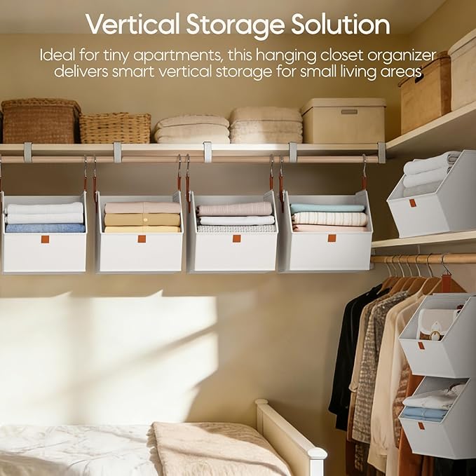 Homsorout Collapsible Hanging Closet Organizer - 3 Tier Closet Shelves Storage System with Hooks, Fabric Hanging Storage Bins for Clothes, Foldable Storage Basket for Laundry, Bedroom, Rv, White