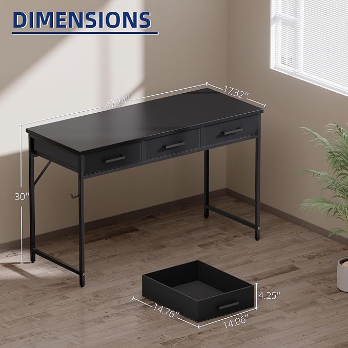 Pamray 47 Inch Small Computer Desk with 3 Drawers for Bedroom Study Writing Home Office Table for Small Spaces Pink