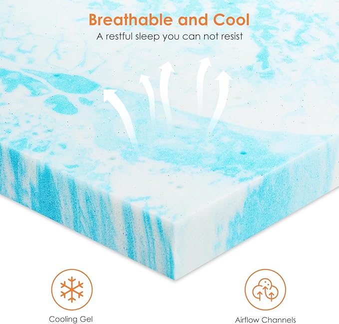 Sweetcrispy Mattress Topper King, 2 Inch Thick Memory Foam Gel Infused Cooling Toppers Pad for King Size Bed, Sleeper Sofa, RV, Camper, CertiPUR US Certified, Ventilated and Breathable