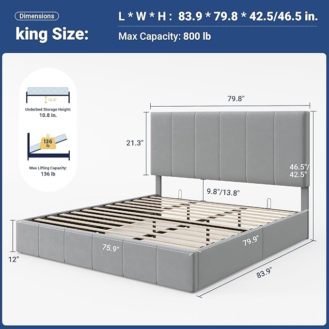 Allewie King Size Velvet Lift Up Storage Bed Frame, Vertical Channel Tufted Headboard, Hydrualic Underneath Storage, Upholstered Platform Bed, Wooden Slats Support, No Box Spring Needed, Gray