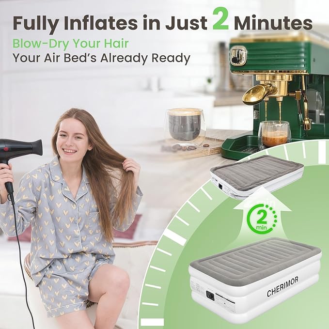 CHERIMOR Twin XL (Extra Long) Air Mattress with Built in Pump, 18" Raised Comfort, Anti-Sag Horizontal Beam, Supports 500 lbs Blow Up Mattress, Multi-Layer Leak Proof Air Bed for Home Guests Camping