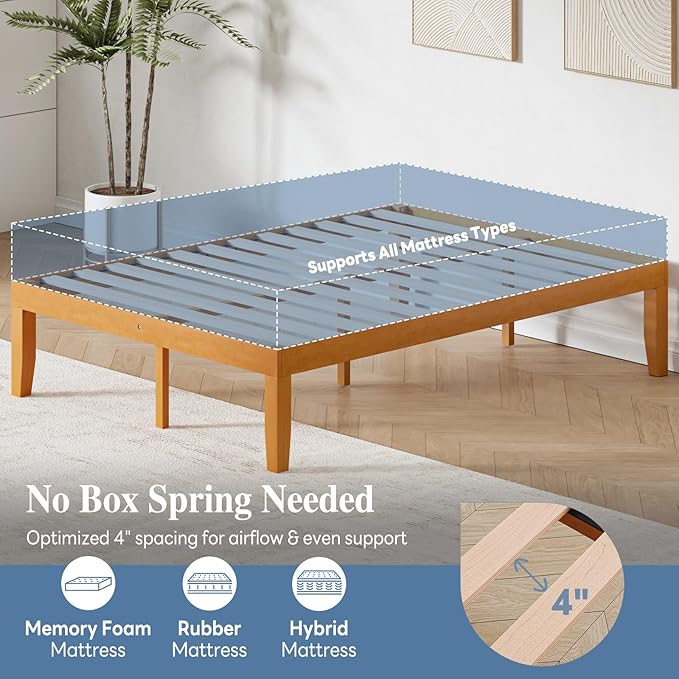 DUMOS Full Size Solid Wood Bed Frame 16 Inches, Sturdy Platform Bed with Heavy Duty Wood Slat Support, No Box Spring Needed, Easy Assembly, Natural Pine