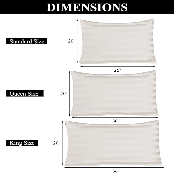 100% Egyptian Cotton Pillow Protectors Set of 2, 600 Thread Count Bed Pillow Cases with Zipper, Sateen Weave Cooling Pillow Cases Quiet and Breathable Easy Care (2PCS, Standard, Striped Light Beige)