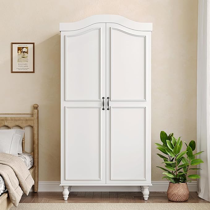 Arched Armoire Wardrobe Closet with 2 Doors, 71" H Wooden Wardrobe Cabinet with Hanging Rod and Shelves, Freestanding Armoire Storage Cabinet for Bedroom, Cloak Room, White