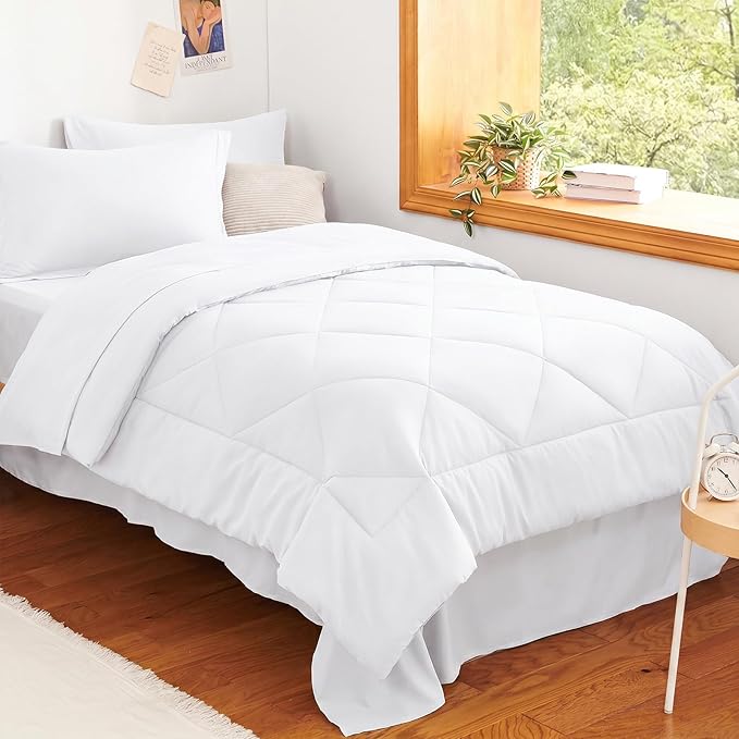 CozyLux Twin XL Comforter Set White - 5 Pieces Twin Extra Long Bed in a Bag for College Dorm, All Season Bedding Set for Girls and Boys, Soft Bed Set with Comforter, Sheets, Pillowcase & Sham