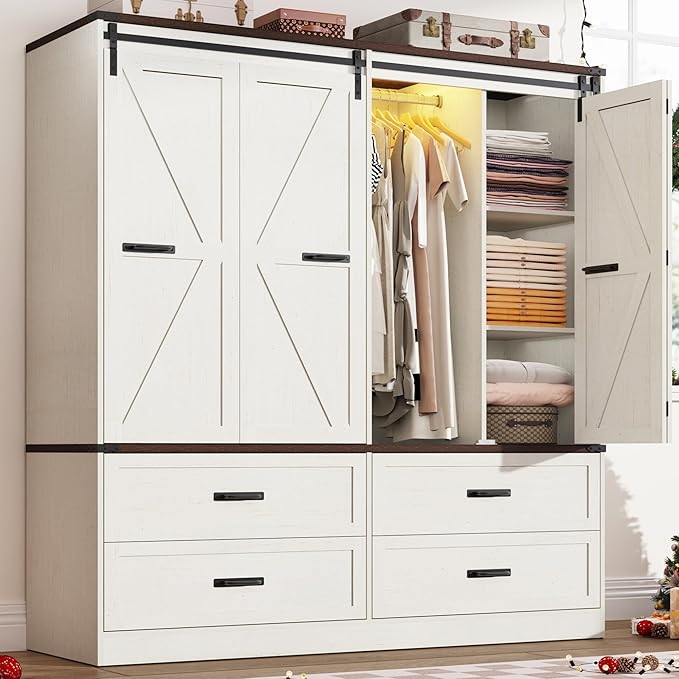 Farmhouse 4 Doors Armoire Wardrobe Closet w/Folding Sliding Barn Door and Lights, LED Armoire Closet w/Drawers for Bedroom, Freestanding Wooden Wardrobe Storage Closets w/Hanging Rod,Antique White