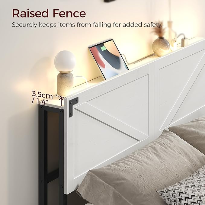 MAHANCRIS King Size Headboard Only, Headboard with 2 Outlets and 2 USB Ports, Farmhouse Headboard, with LED Lights, Secure Storage with Raised Fence, with Bed Frame Adapter, White and Black